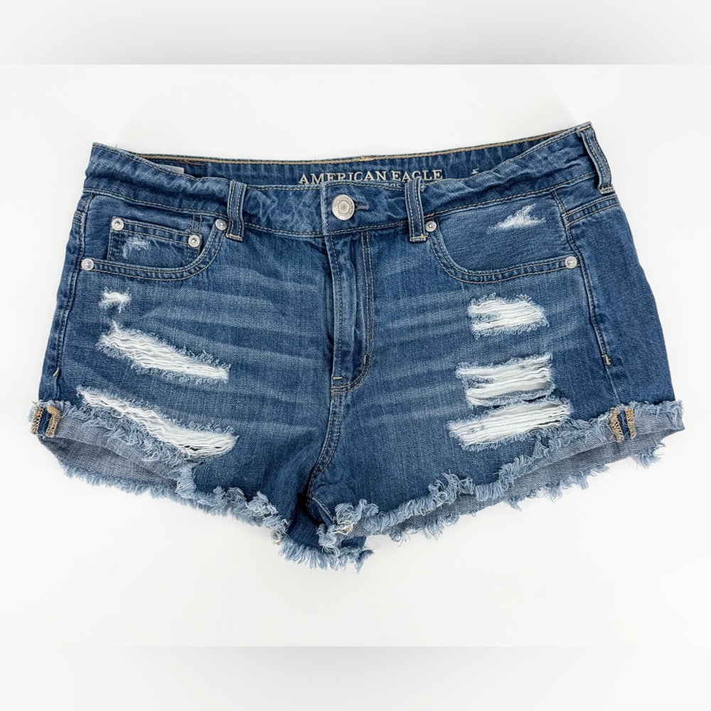 American Eagle Outfitters Women's Dark Blue Ripped Jean Shorts
